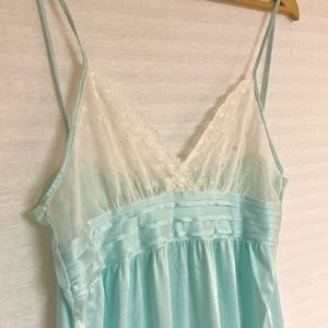 Vintage 70s Teal Lace Slip Long Satiny